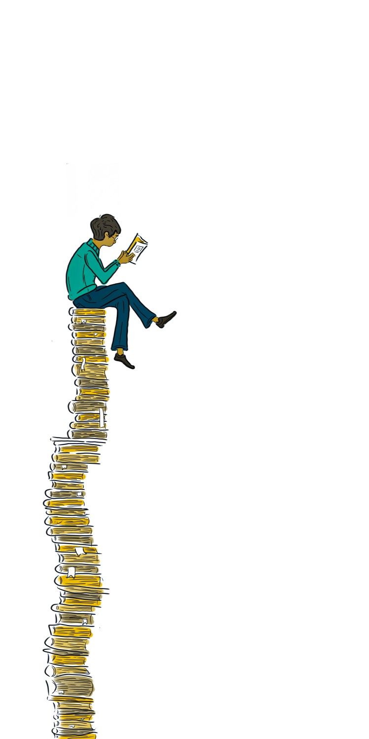 Illustration of a young person reading while sitting on a tall stack of books
